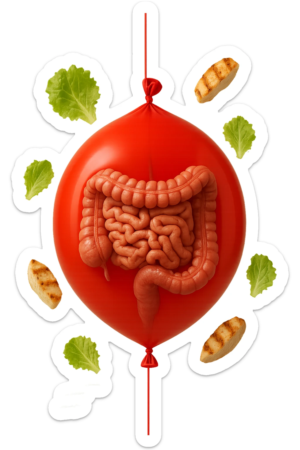 intestino anatomico realistico chiuso in un palloncino rosso e foglie di insalata e petto di pollo grigliato che fluttuano intorno sticker