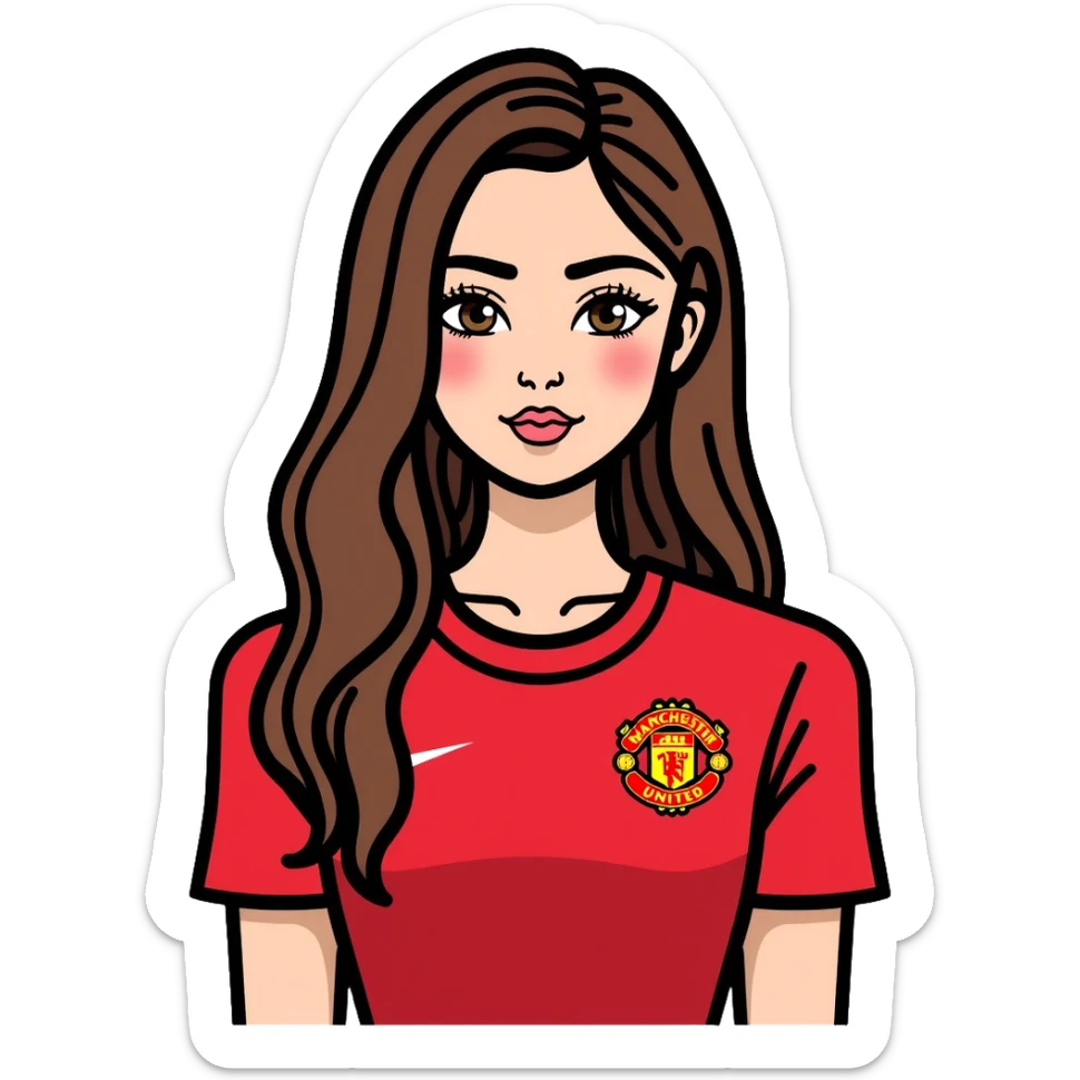 Cute girl with long straight brown hair, brown eyes with mascara, makeup, wearing a Manchester United red football kit sticker