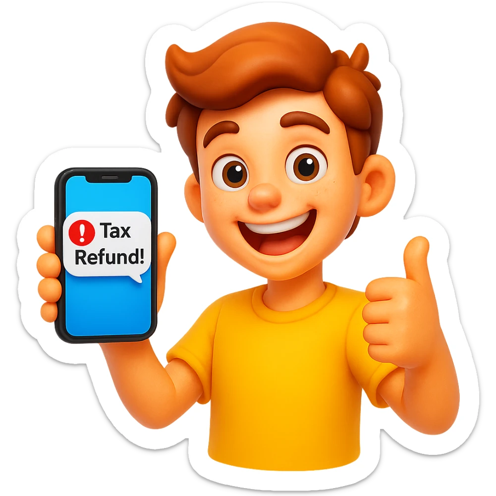 cheerful cartoon teenager holding a phone with 'Tax Refund!' notification, vibrant colors, 3D emoji style, transparent background sticker