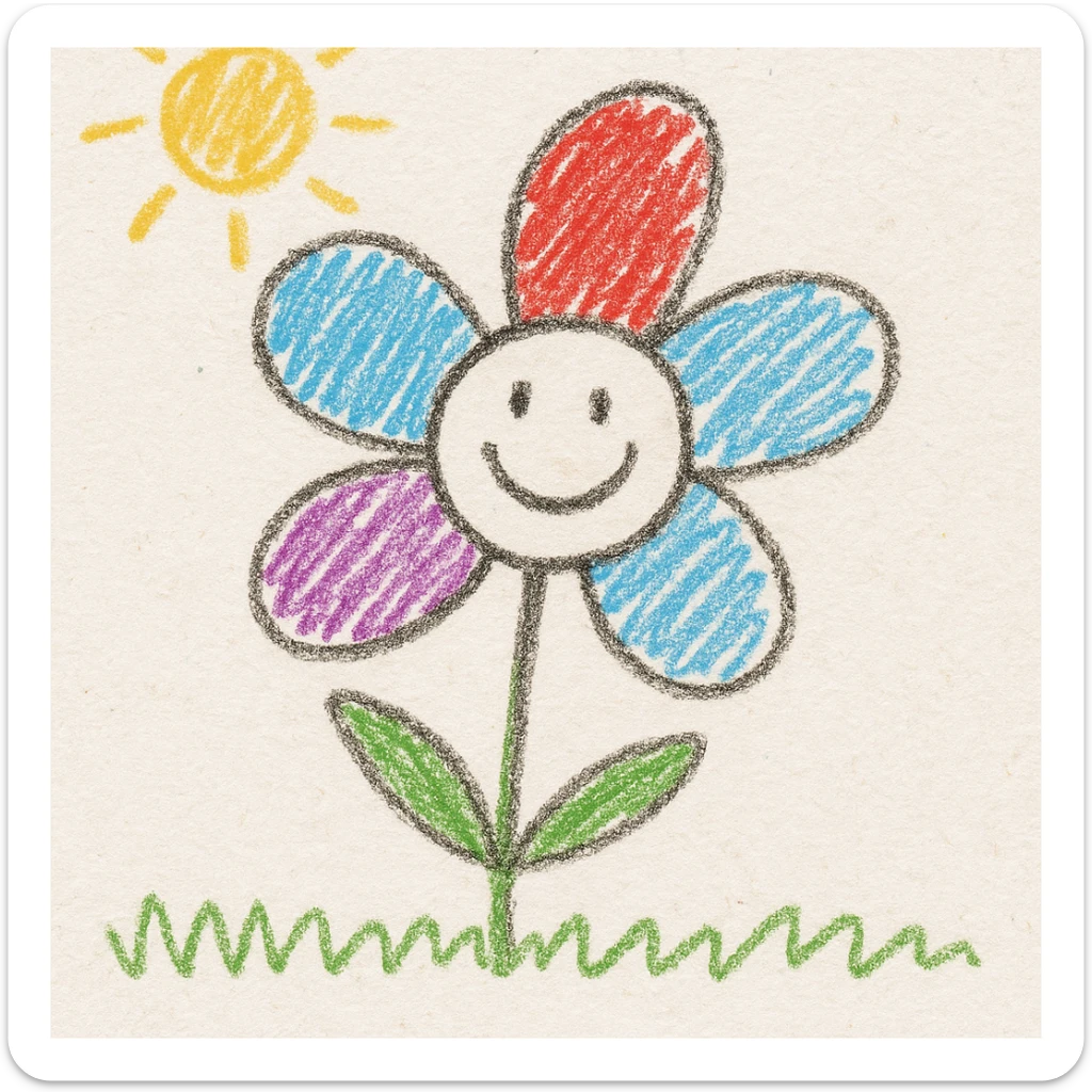 a flower with five petals and a happy face, children's doodle style sticker