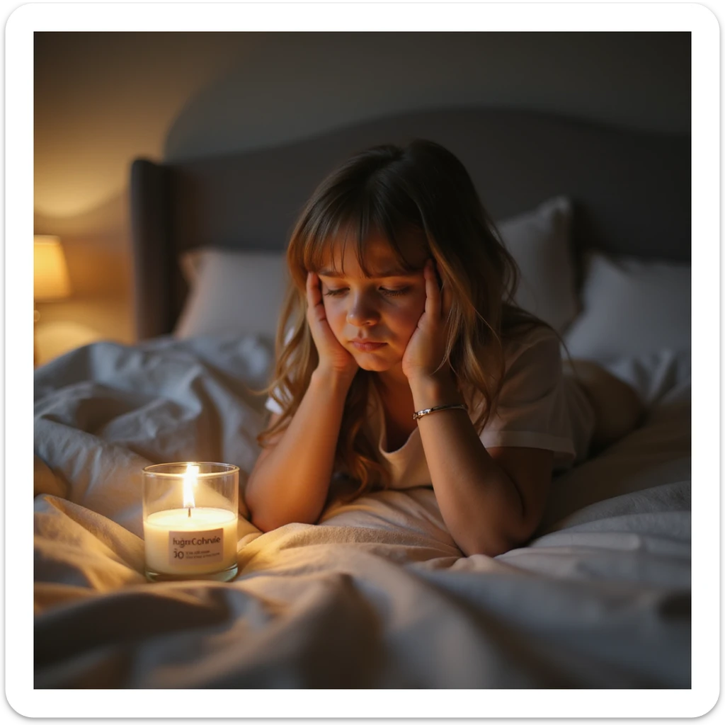 realistic image of a girl in a bedroom, looking sad, then smelling a scent from a candle or diffuser, her mood changing to relaxed sticker