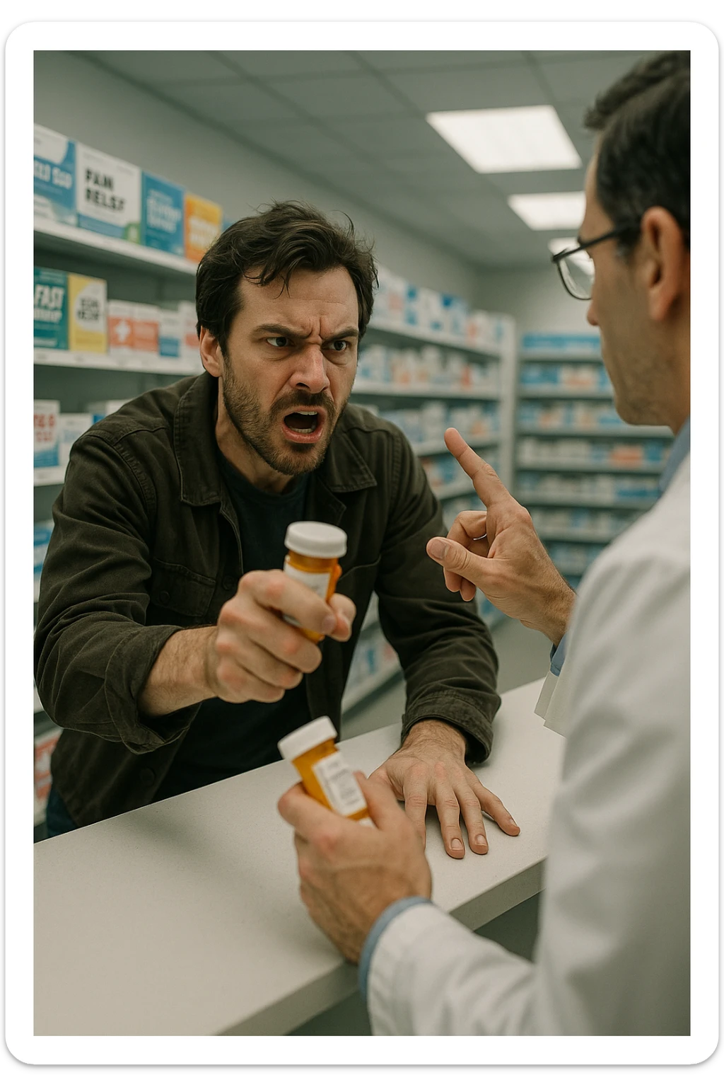 Cinematic Frustrated man at pharmacy counter demanding immediate pain relief medication, expression of impatience wanting instant symptom elimination, ignoring pharmacist's questions about underlying causes, grabbing prescription bottle eagerly, symptom suppression taking priority over healing, modern medicine aisle promising quick fixes for complex health problems" in italiano sticker