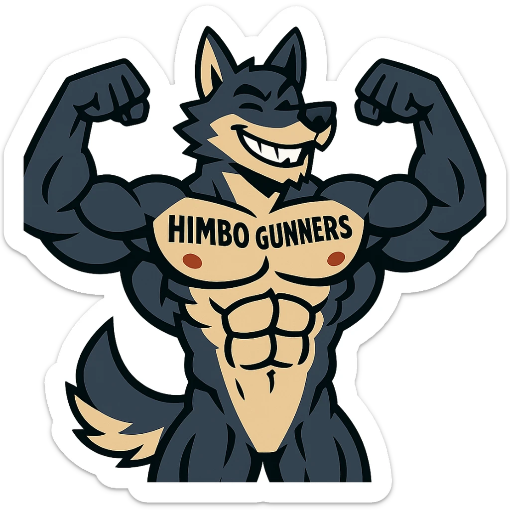 extremely muscular wolf furry, shirtless, 'Himbo Gunners' tattoo across chest, flexing, smiling confidently sticker