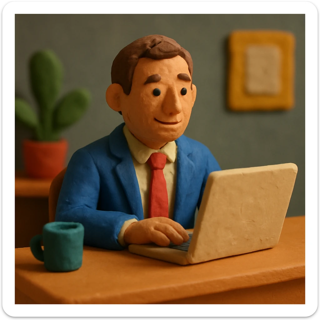 A 35-year-old male business coach sitting at a desk with a laptop sticker