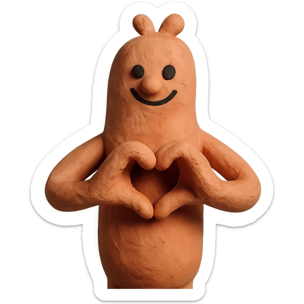 a whimsical sausage-shaped humanoid with a pinkish-orange body, forming a heart with its hands sticker