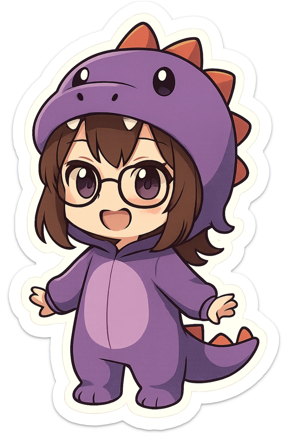 Chibi anime style girl with glasses, brown hair, dark purple eyes, wearing a purple dinosaur costume, happy expression, hands out at her sides, showing her teeth, no controller, no background. sticker