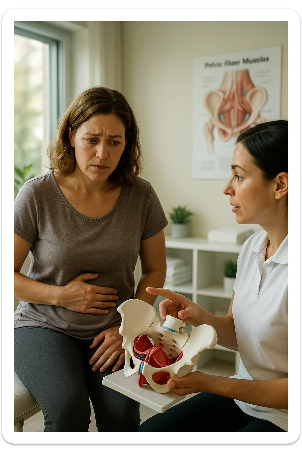 A realistic, cinematic illustration of a woman in her mid-30s with a thoughtful, slightly worried expression, sitting in a bright, modern physiotherapy clinic. She is wearing comfortable leggings and a loose top, with one hand resting gently on her lower abdomen, indicating discomfort. The scene shows a caring female pelvic floor physiotherapist explaining with a pelvis anatomical model, while the woman listens attentively but visibly concerned. In the background, soft natural light enters through the window, and an anatomical poster of pelvic floor muscles is visible on the wall. The environment is warm, clean, and reassuring, emphasizing the sensitivity of pelvic floor disorders while promoting trust and awareness in seeking help sticker