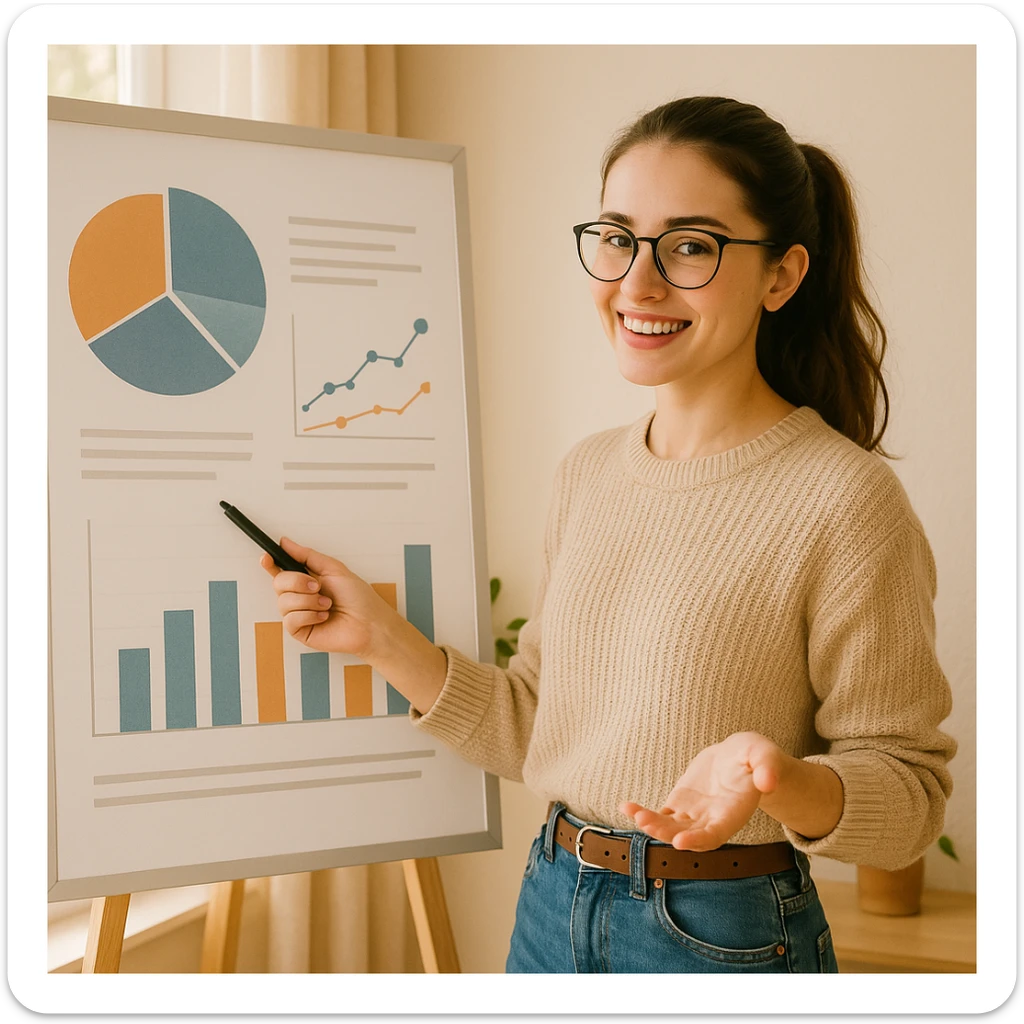 aesthetic style girl with glasses and ponytail, showing graphs in a presentation, bright and cozy atmosphere sticker