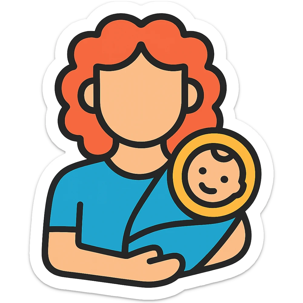 Woman with curly red hair holding a baby, wearing blue clothing, color outline style, no background. sticker