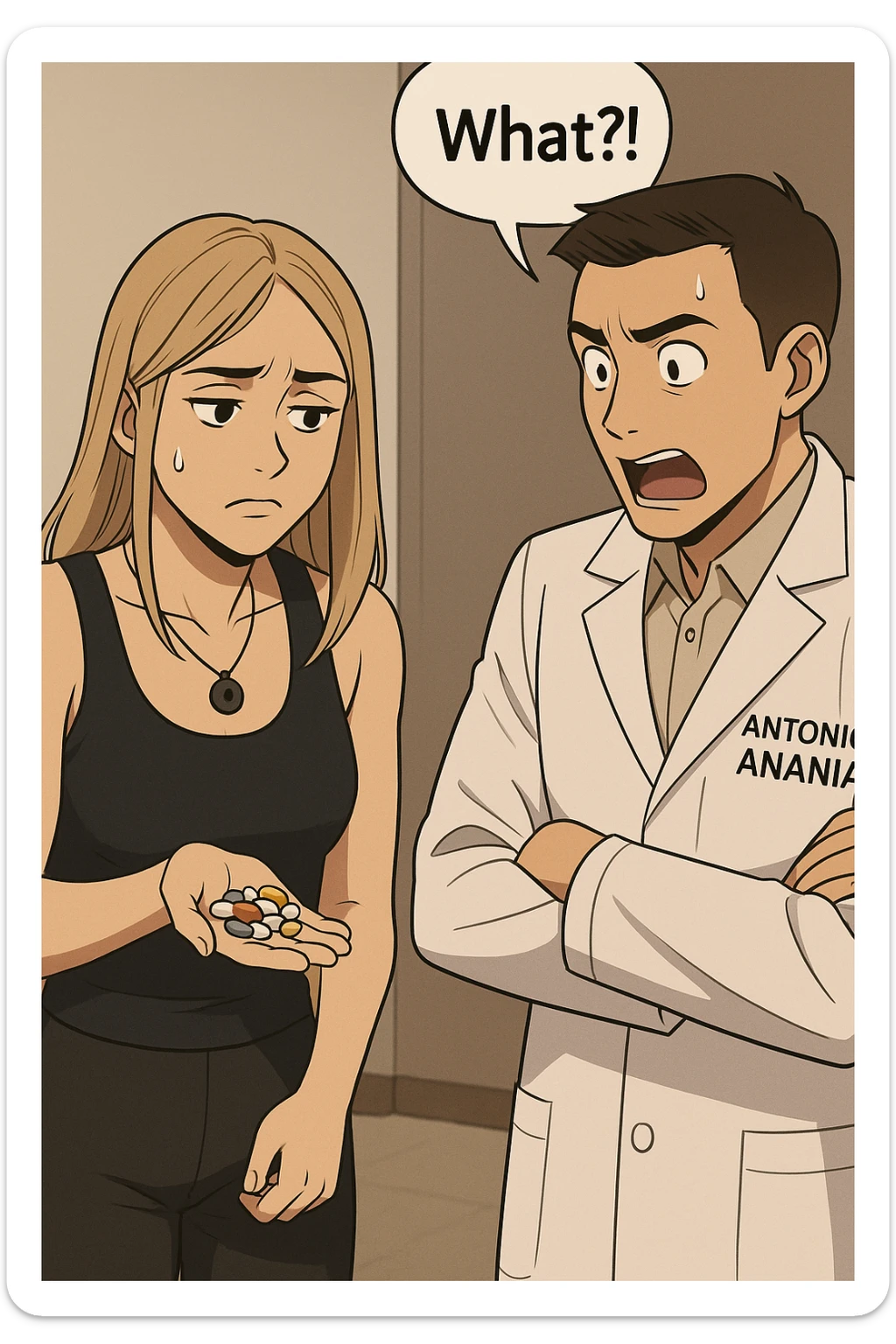 fai un webtoon/manga a colori con questo kinesiologo in camice bianco (fagli la scritta "ANTONIO ANANIA" SUL CAMICE) CHE PARLA CON QUESTA RAGAZZA. LA RAGAZZA HA UN PUGNO DI INTEGRATORI IN MANO (TANTE PILLOLE DIVERSE) E LE GUARDA DUBBIOSA. IL KINESIOLOGO CON IL CAMICE BIANCO LE DOMANDA UNA COSA SCIOCCATO. NON FARE I FUMETTI, FAI SOLO LORO COME SE DIALOGASSERO sticker