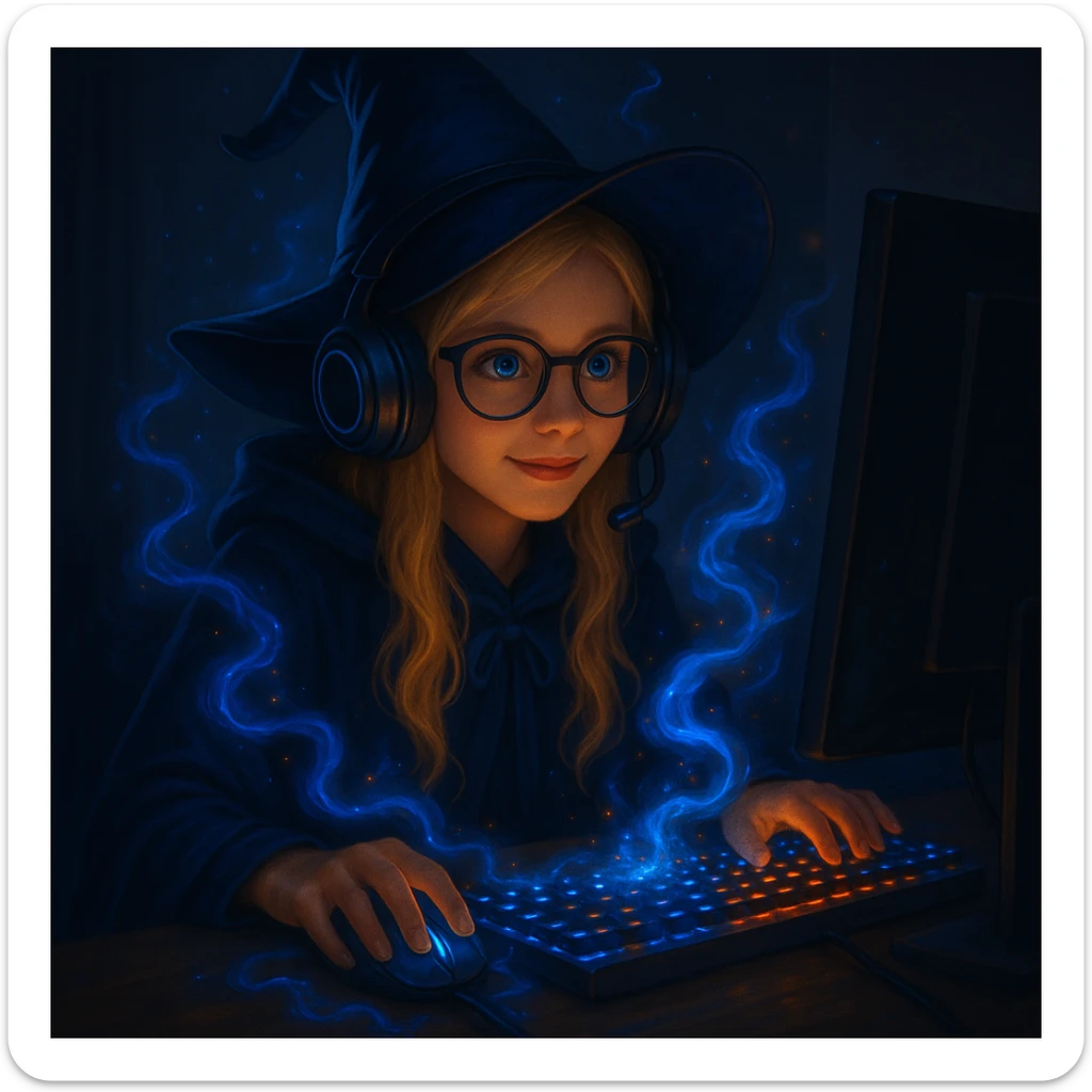 Make the girl wizard have blond hair, blue eyes, and a dark blue outfit. She is a gamer sitting in front of a computer with glowing magical effects, wearing a wizard robe and gamer accessories. Emphasize the magical and gaming elements. sticker