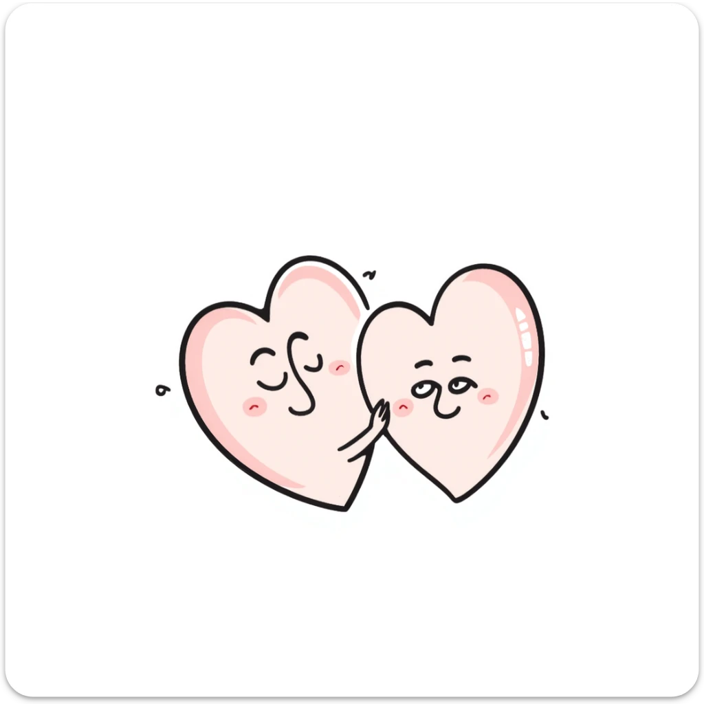 funny children's doodle of two hearts hugging, cute faces, pastel colors sticker
