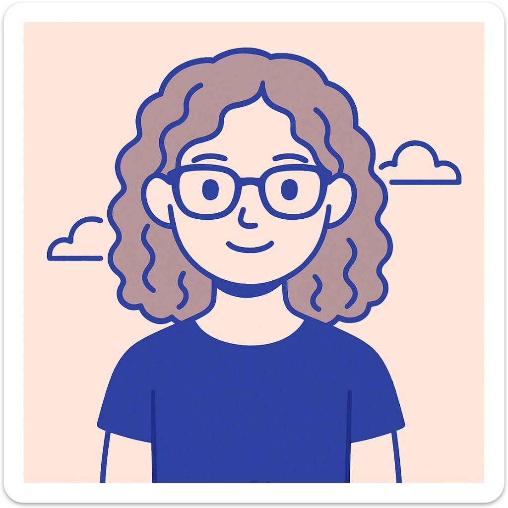 flat color style avatar of a girl with dark blonde curly hair, black glasses, brown eyes sticker
