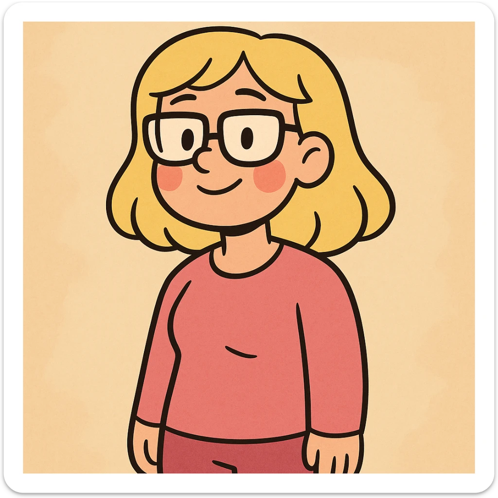 blonde girl, shoulder-length hair, wearing glasses, rosy cheeks, pink clothes, cartoon style, soft lines sticker