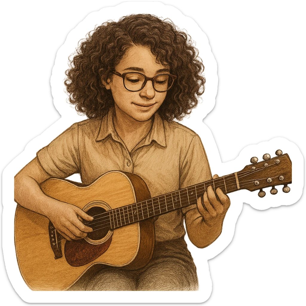 A curly and brown-haired girl with brown-framed glasses, wearing a shirt, playing the guitar, representing a music therapy internship, detailed, professional, warm and inviting atmosphere sticker