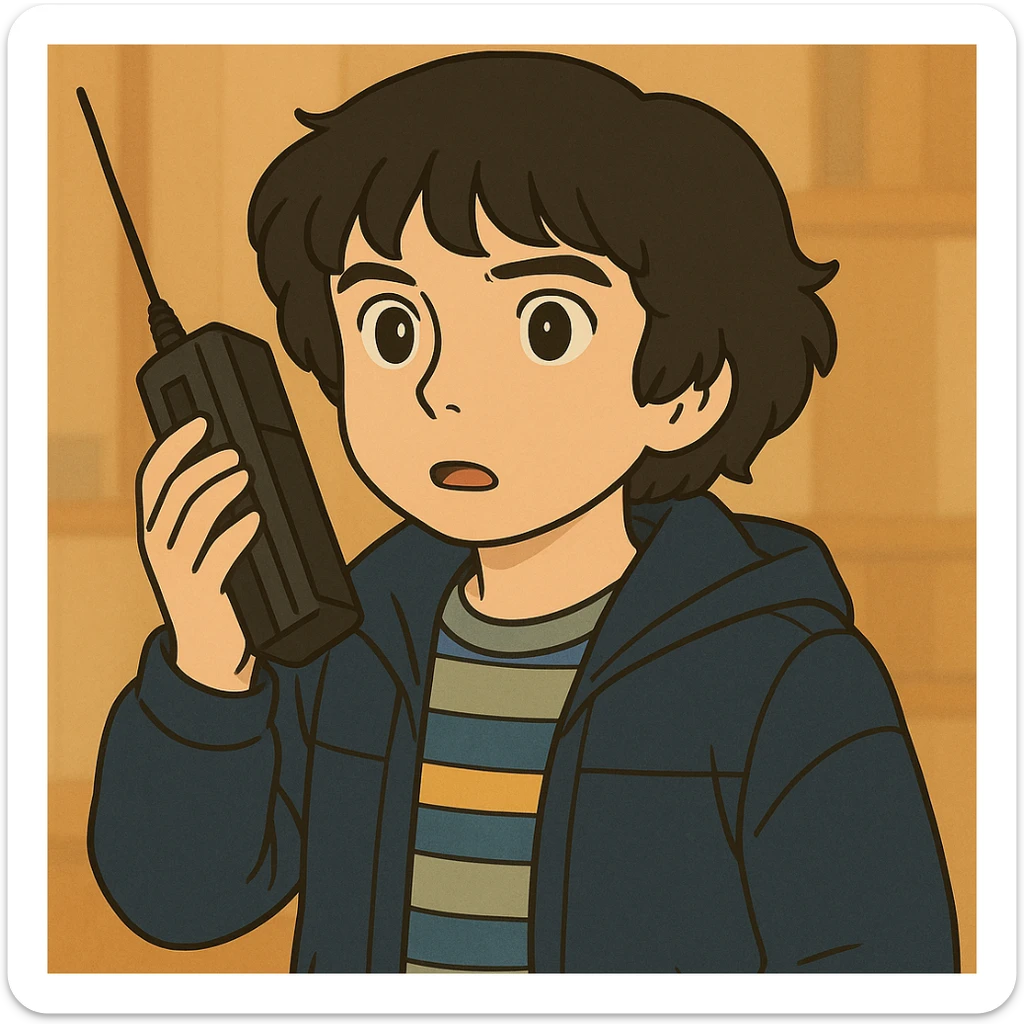Mike Wheeler with a messy bowl haircut, wearing iconic first season clothes (blue striped shirt and jacket), simple and delicate line art, colored in pastel tones, with thick and dark outlines, in Ghibli style, 1:1 format. sticker