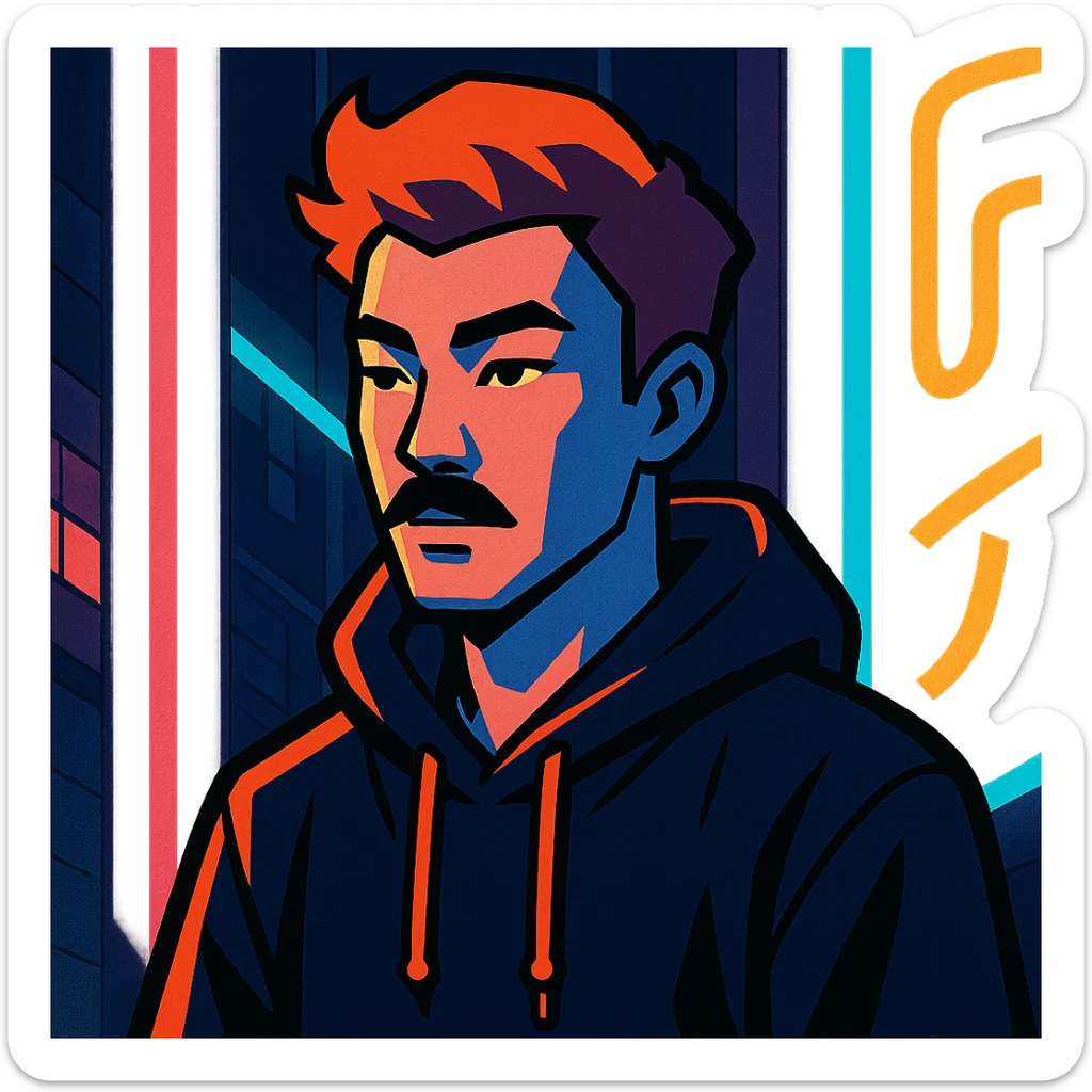 Asian man with black mustache, red hair, black hoodie, neon lights, Japanese cyberpunk anime style sticker