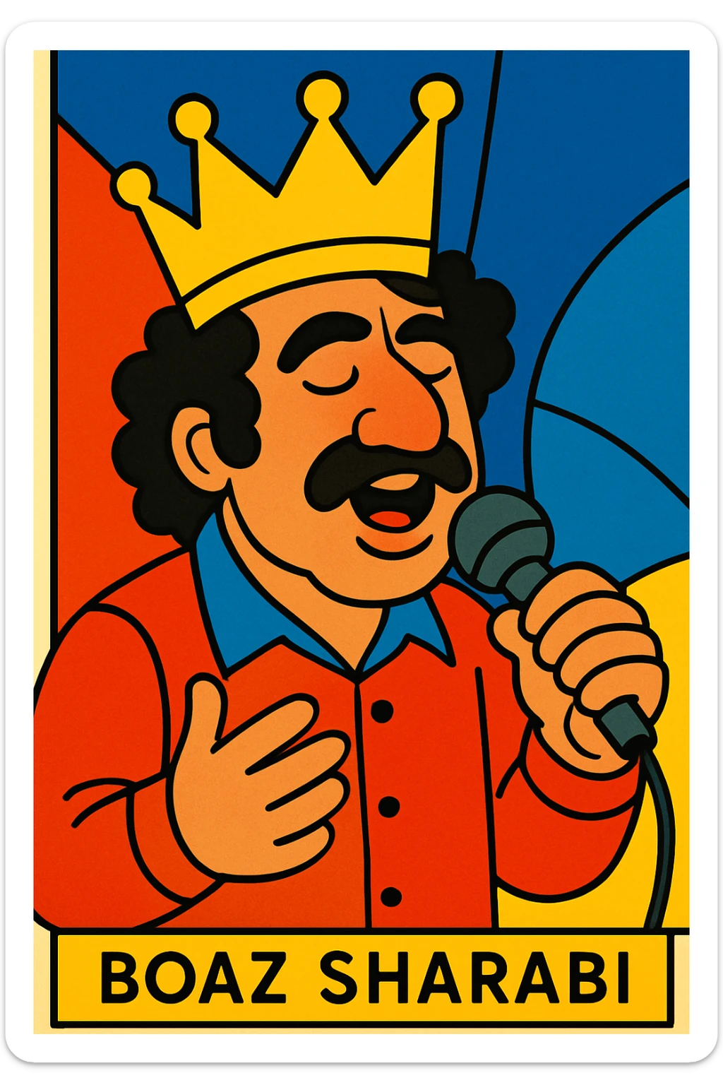 Boaz Sharabi, the Israeli singer, with a golden crown, vibrant toon style sticker