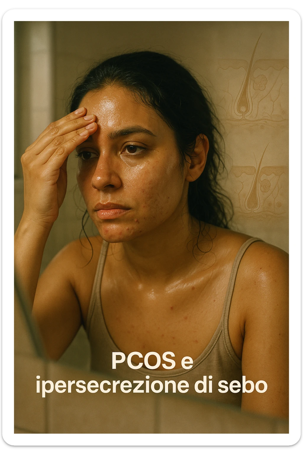 A realistic, cinematic portrait of a young woman in her late 20s with medium skin tone, sitting in front of a mirror in a softly lit bathroom. Her facial skin appears oily with a noticeable shine on her forehead, nose, and cheeks due to overactive sebaceous glands caused by PCOS. Small acne spots are visible along her jawline and chin, highlighting hormonal imbalance. She gently touches her forehead with her fingertips, checking the oiliness with a slightly concerned expression. Her dark hair is tied loosely, showing a few strands sticking to the sides of her face because of excess sebum. Subtle overlays of scientific diagrams of sebaceous glands can be softly blended into the background, symbolizing the overproduction of sebum. The atmosphere is clean and realistic, with warm daylight tones and a soft depth of field, ensuring emotional connection while maintaining medical educational value. 35mm film style, highly detailed skin texture and reflections on the oily areas for a hyperrealistic effect in italiano sticker