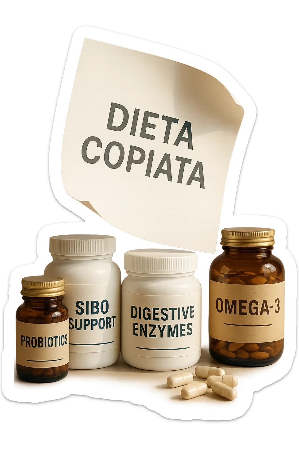 FOGLIO DI CARTA FLUTTUA IN ARIA CON LA SCRITTA "DIETA COPIATA", INSIEME A BARATTOLI DI INTEGRATORI PER CURARE IL SIBO, IPERREALISTICO 4K, NON DISEGNATO sticker