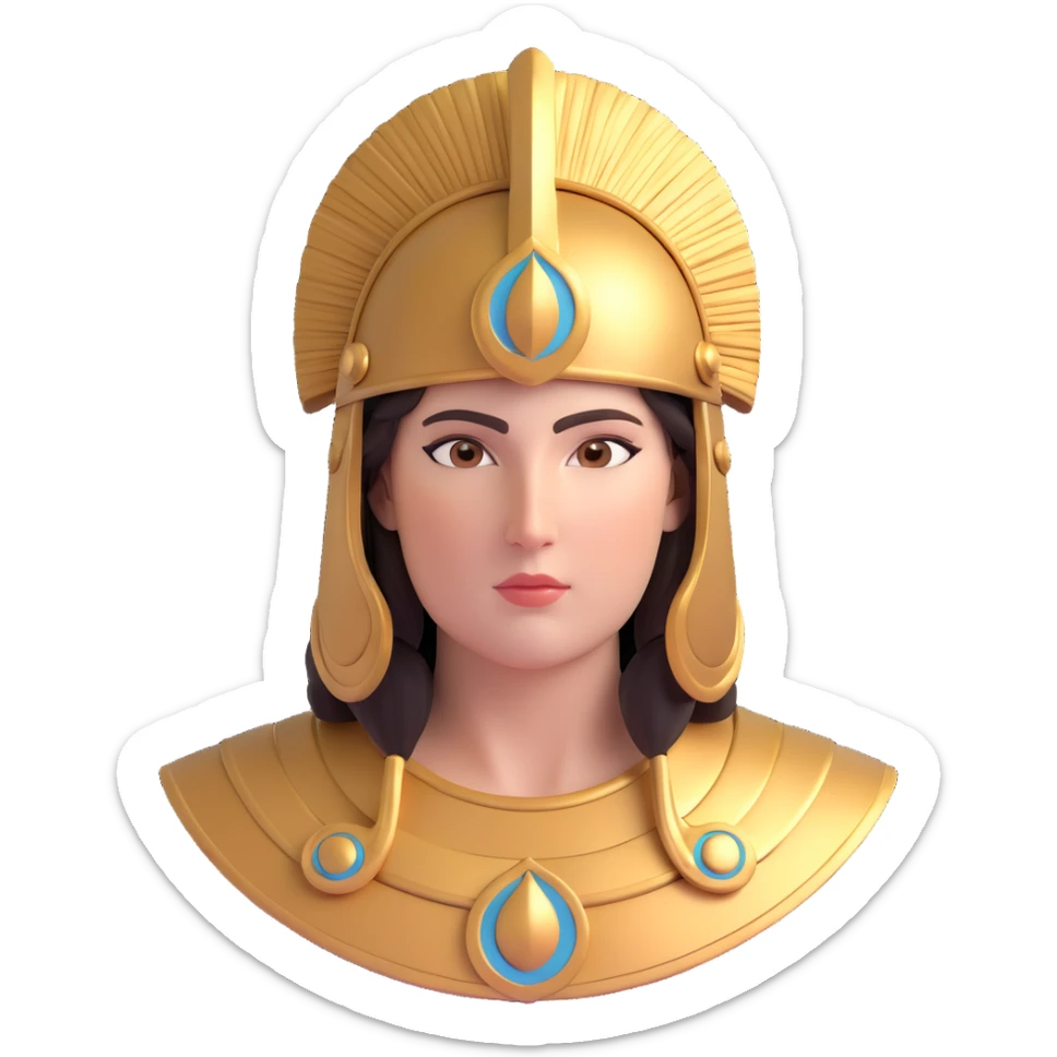 realistic 3D close-up of Athena's face, goddess, helmet with plume, serene and powerful expression sticker