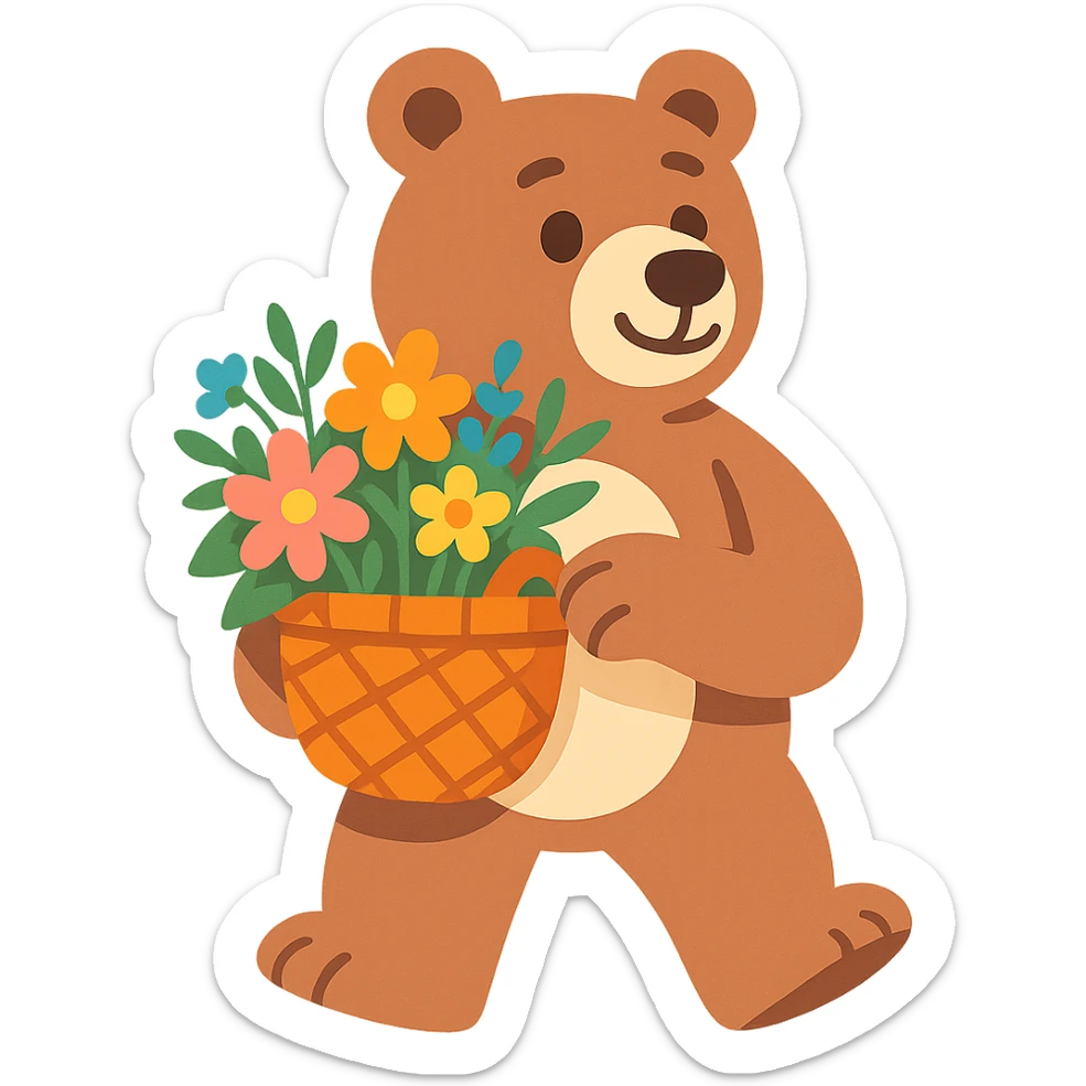 bear carrying a basket of wildflowers, soft pastel brown and cream, vibrant toon style sticker