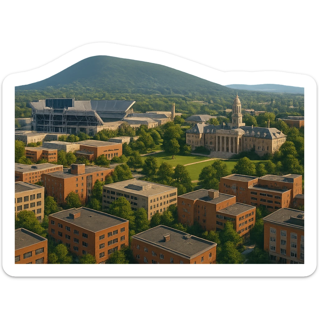 cinematic realistic emoji of State College Pennsylvania wide city view with iconic landmarks Penn State University campus Beaver Stadium Old Main Mount Nittany in background lifelike detail accurate colors bright daytime lighting no sky no clouds no city name label sticker
