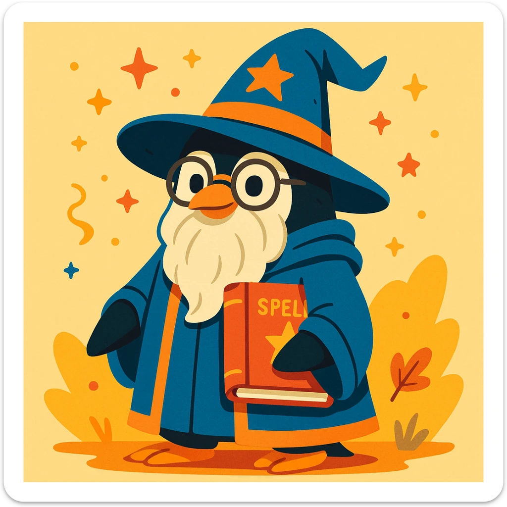 a wise penguin wizard with glasses, a long beard, and a book of spells, in a whimsical illustration style sticker