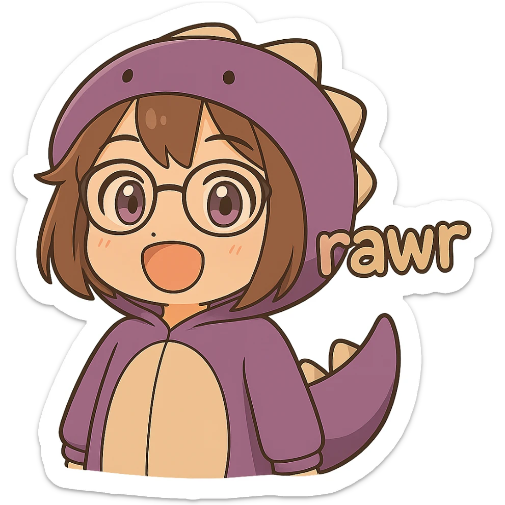 Chibi anime style girl with glasses, brown hair, dark purple eyes, wearing a purple dinosaur costume, saying 'rawr' in a cute playful way, arms down, no background. Same style as the reference image. sticker