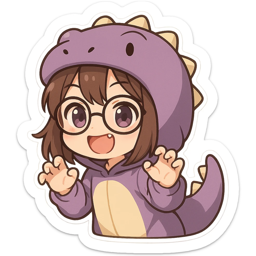 Chibi anime style girl with glasses, brown hair, dark purple eyes, wearing a purple dinosaur costume, happy expression, clawing the air with her hands, showing her teeth, no controller, no background. sticker