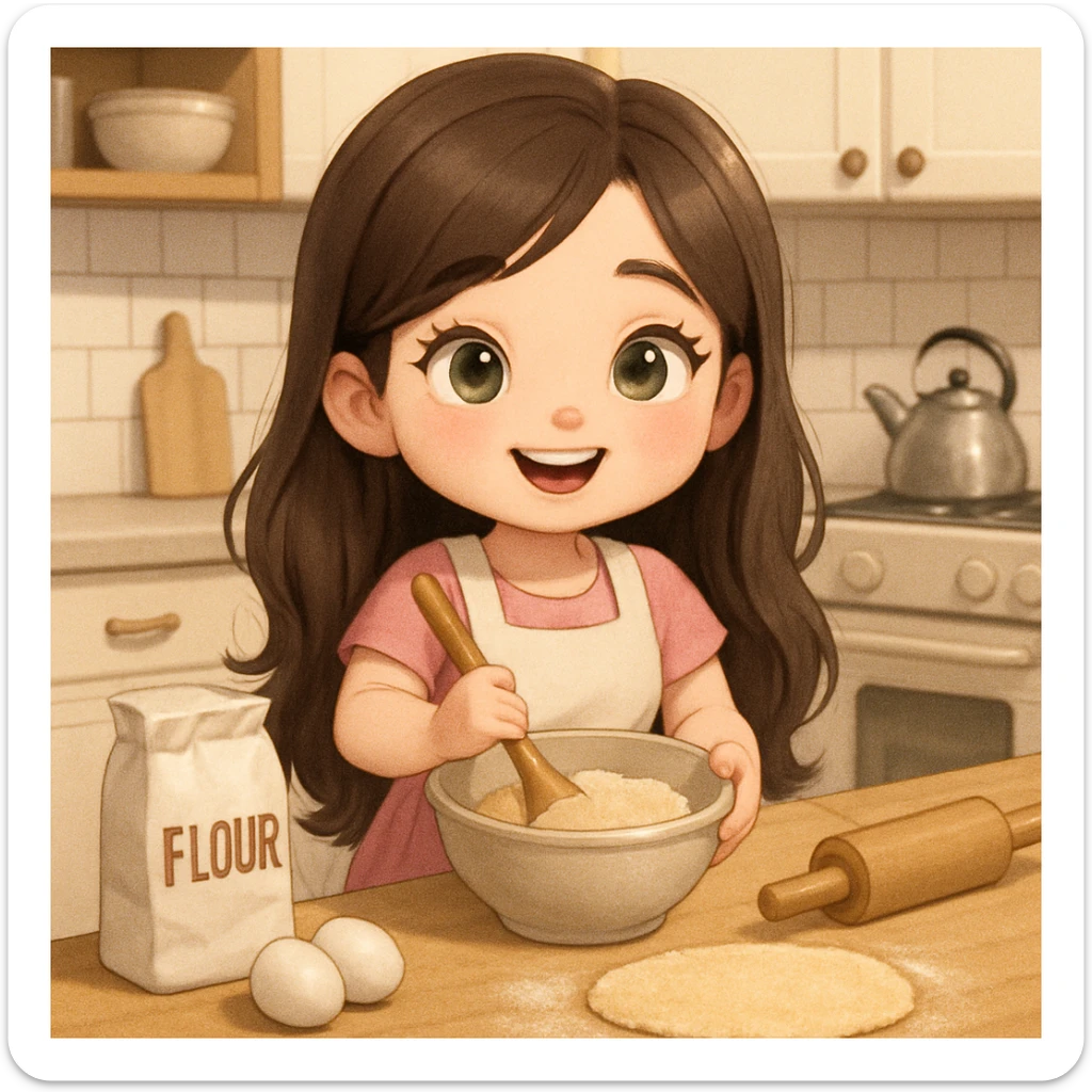 cute pretty brunette girl with short legs, long hair, light eyes, happily baking in the kitchen sticker
