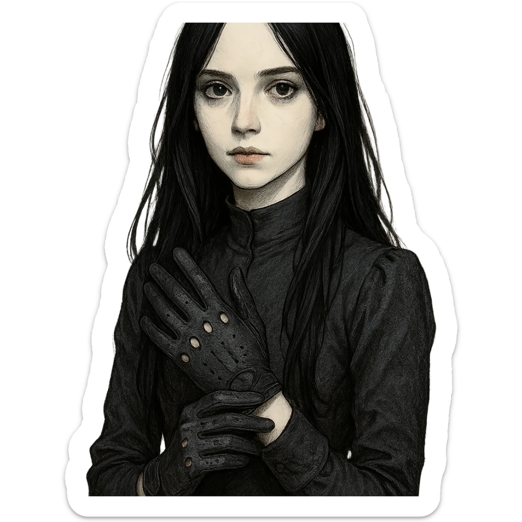 pale girl with long black hair wearing driving gloves, detailed character portrait sticker
