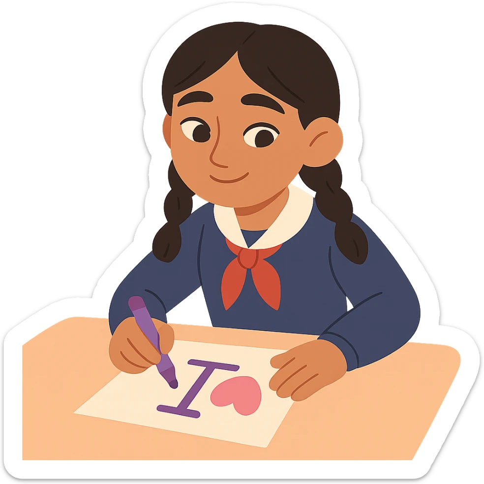 Kazakh girl in Korean school uniform, drawing a T with a heart on paper in pastel toon style sticker