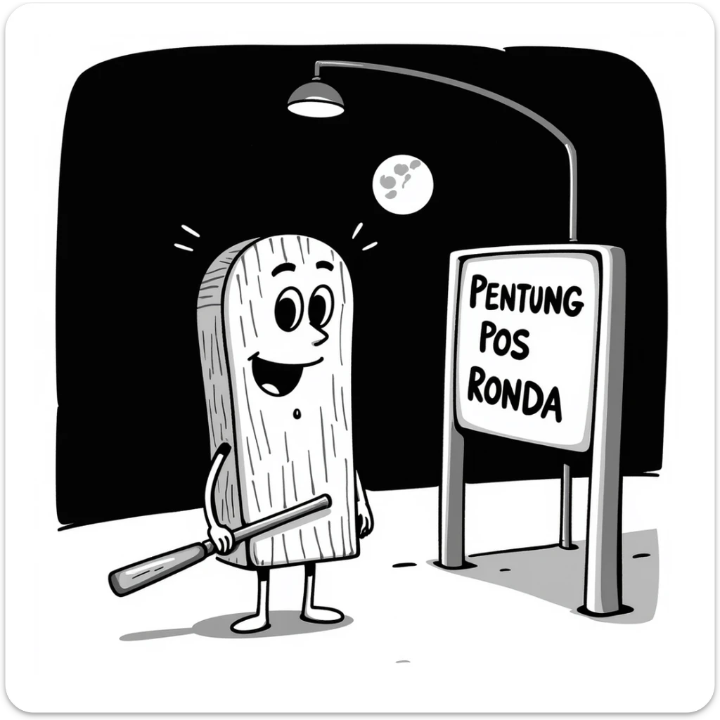 a humanoid wooden club with big cartoon eyes and a wide smile, barefoot, standing at a dark street bus stop under a dim streetlight, holding a bat, with a background sign reading 'Pentung Pos Ronda' sticker