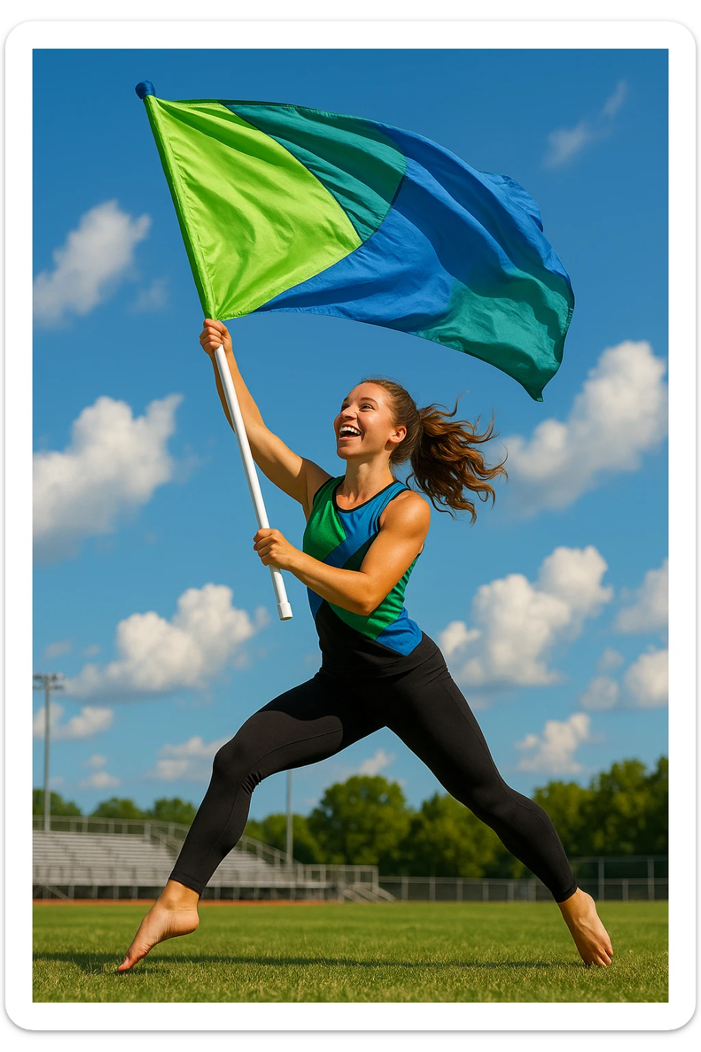 colorguard girl waving a green and blue flag, wearing black leggings and a green and blue top, lively and athletic sticker