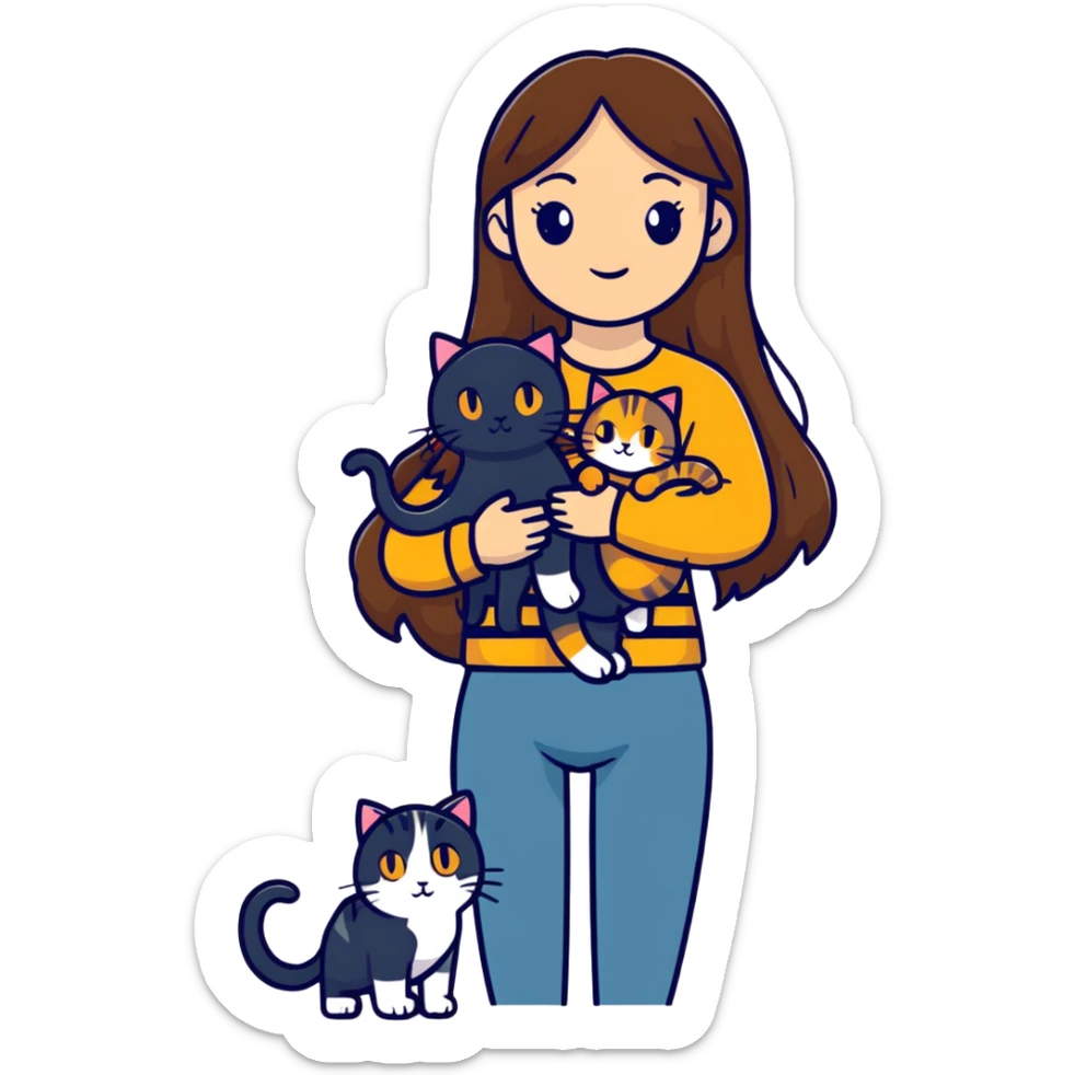 tan girl with long brown hair holding two cats, one black cat and one grey-striped cat sticker