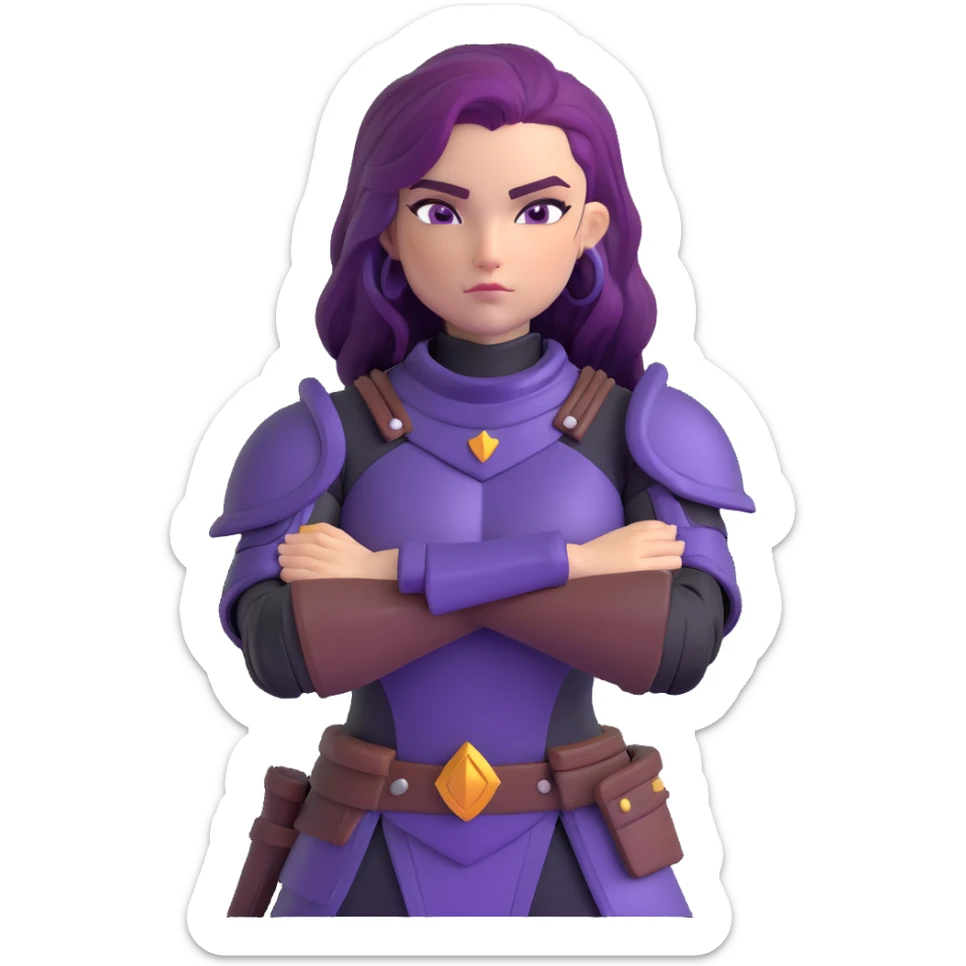 mysterious warrior girl with flowing purple hair, dressed in black armor, arms crossed confidently sticker