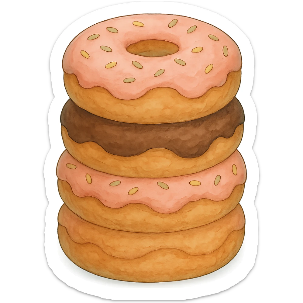 A stack of donuts in Ghibli style, detailed, with soft blue colors, no background. sticker