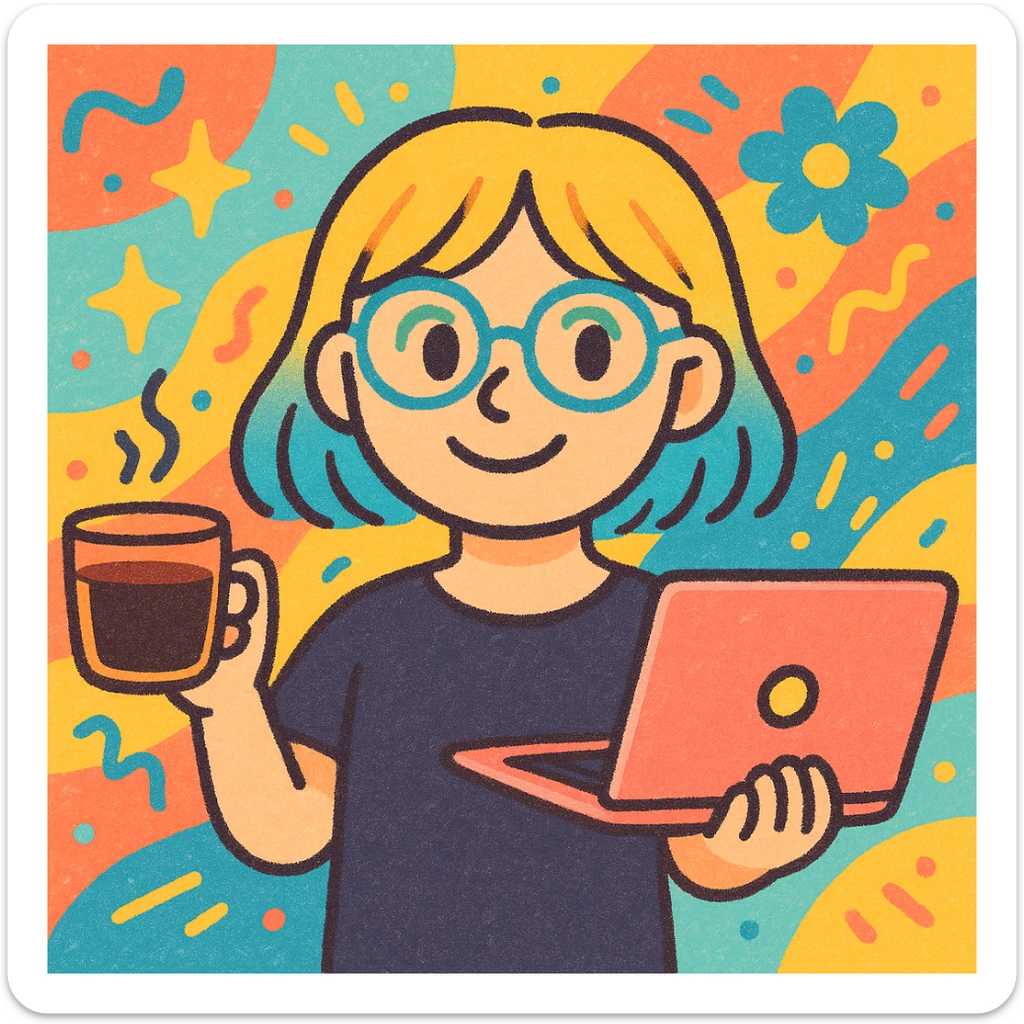 A girl with blonde hair and blue hair wearing glasses holds a laptop and a glass of coffee with a background sticker