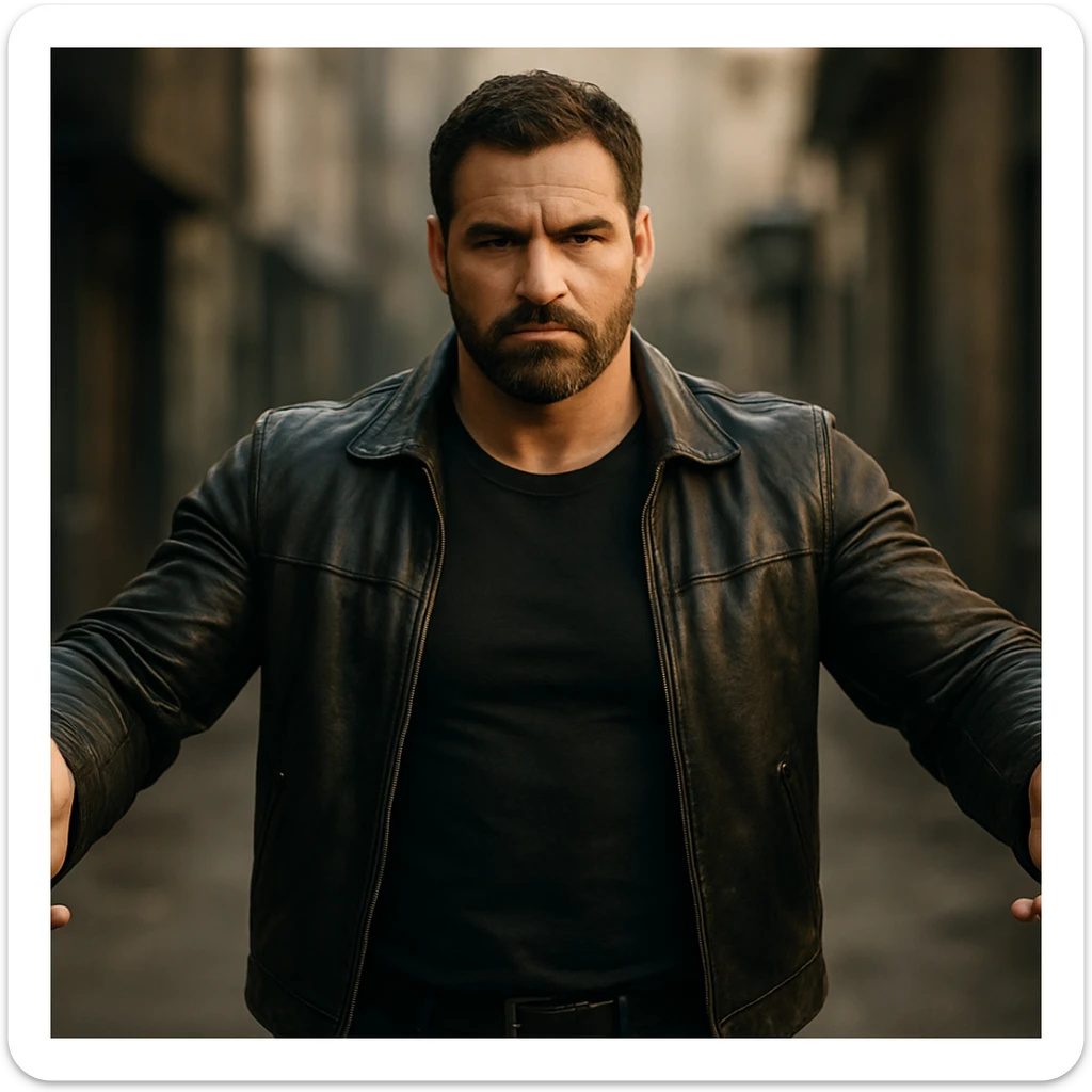 cinematic 4K scene of a man with strong masculine and protective energy, confident posture, open arms, intense but calm face, hyper realistic sticker