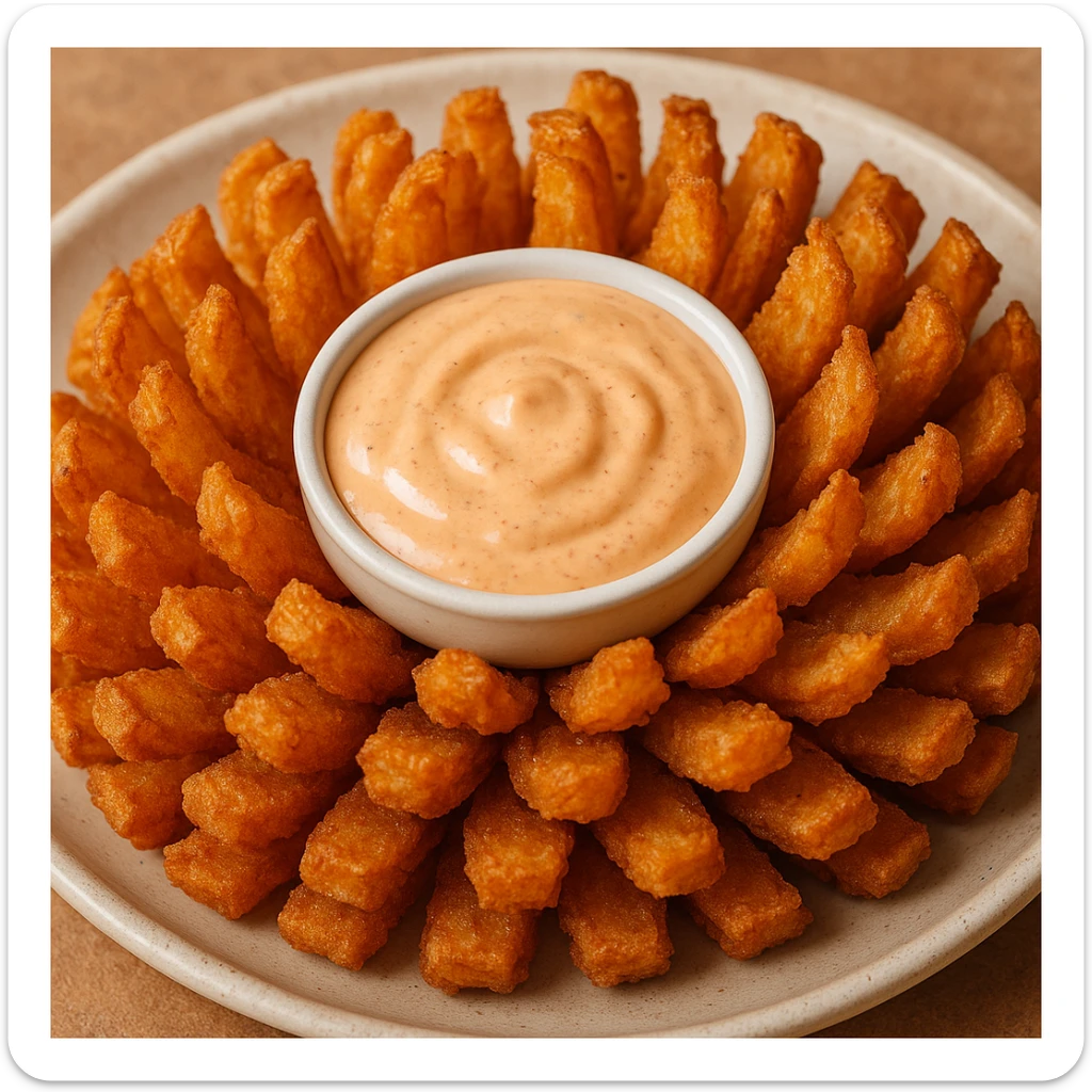 a close-up of a blooming onion appetizer, golden fried petals fanned out on a plate, with a small bowl of creamy dipping sauce in the center, vibrant and mouthwatering sticker