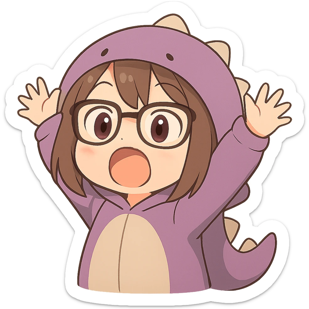 Chibi anime style gamer girl with glasses, brown hair, dark purple eyes, wearing a purple dinosaur costume, new pose with arms up in excitement, making a surprised expression, no controller, no background, same style as reference. sticker
