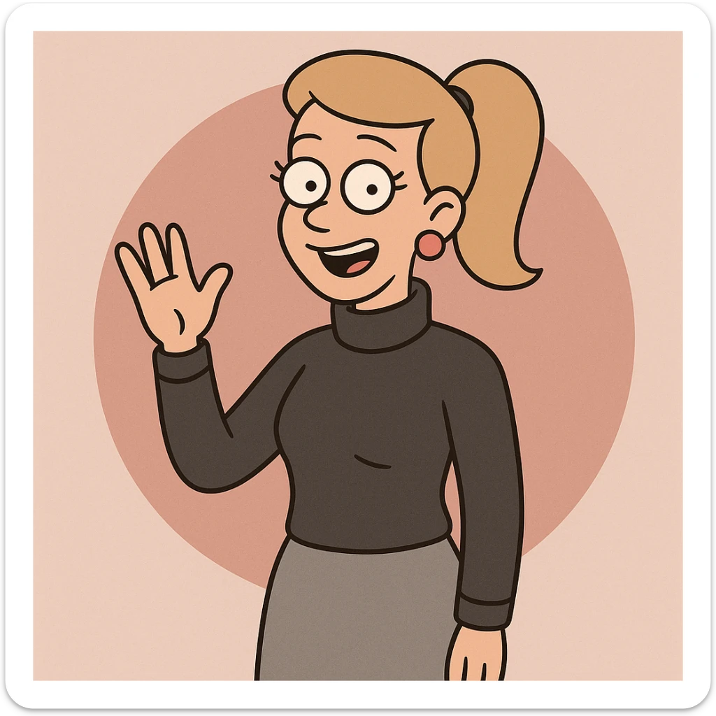 Women Medium Blonde median ponytail hair pink circle earrings Charcoal Athens Merino Wool Roll Neck Jumper Grace skirt a hand say hello sticker