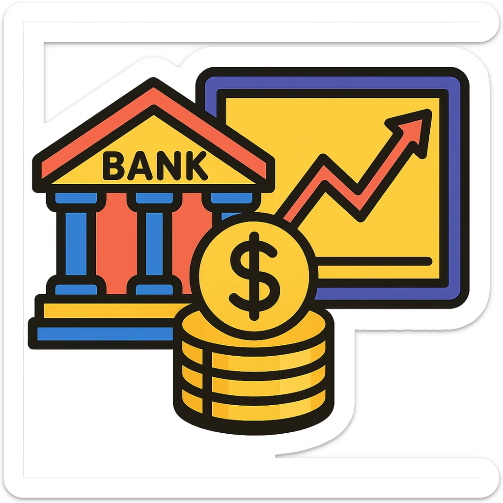 Add a cartoon bank building to the economy icon, keep the style consistent with lineal color icon with black outlines and transparent background. sticker