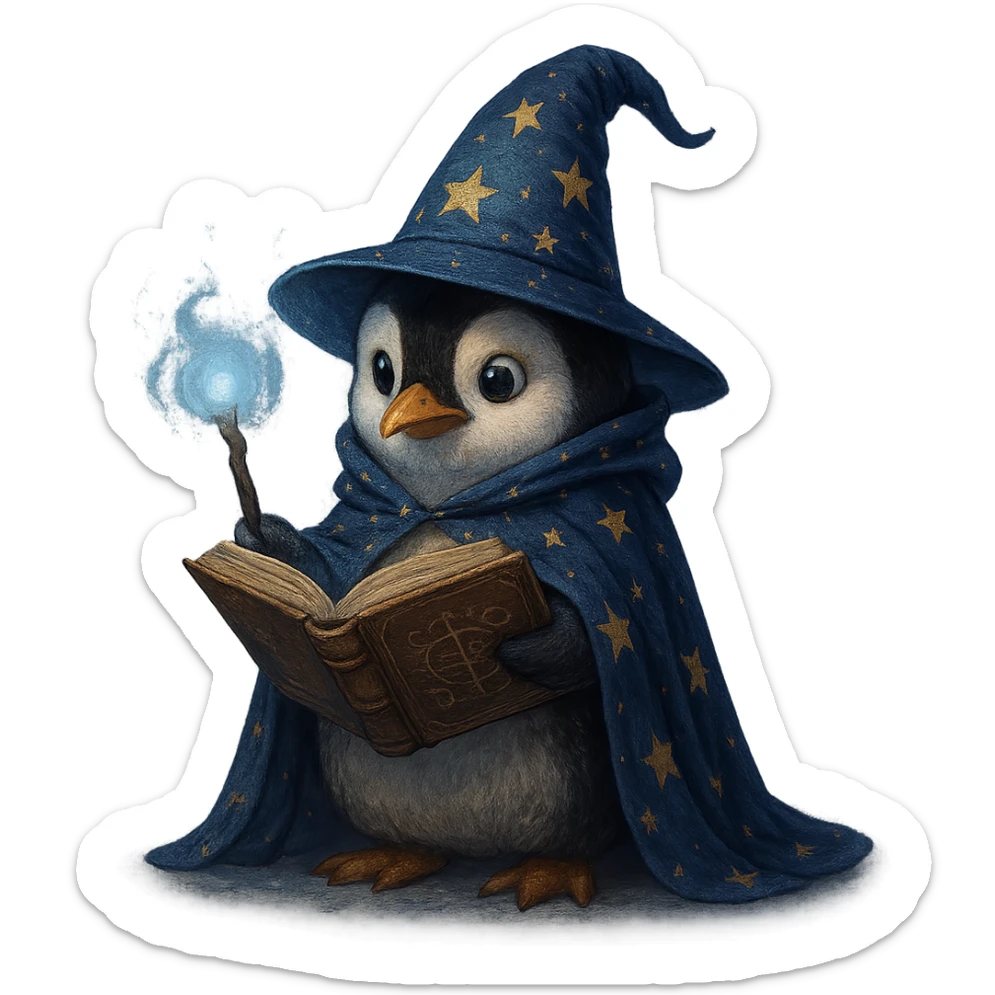 penguin wizard with a book of spells wearing a starry cloak in a mystical atmosphere sticker