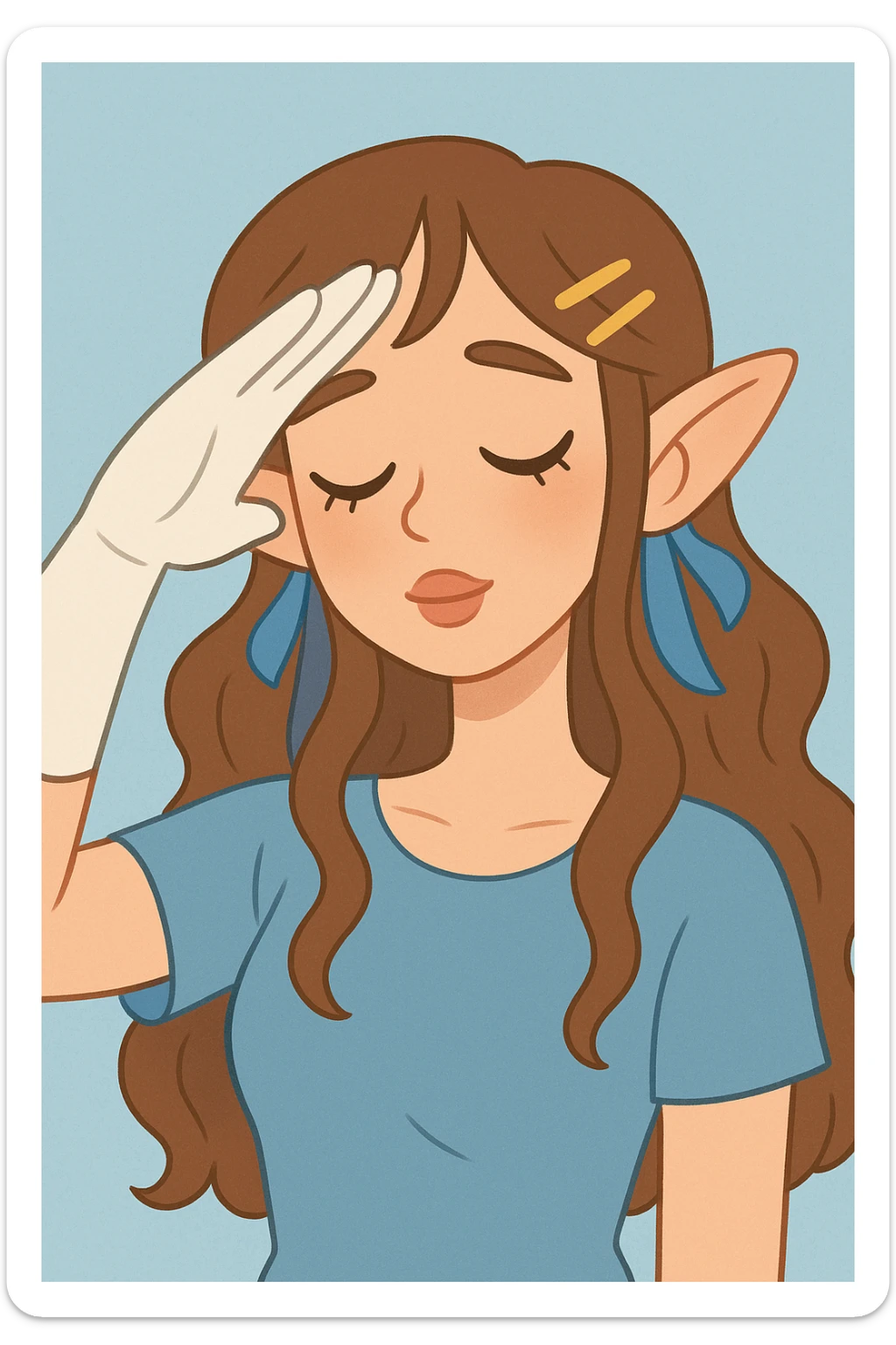 close-up pastel-colored digital illustration of a young woman with long wavy brown hair, golden hair clips, blue ribbons, simple textured light blue background, eyes closed, head slightly tilted, soft blush, ethereal glow, white glove on right hand saluting, pointy ears, gentle vulnerable expression, lips touched delicately radiating serenity sticker