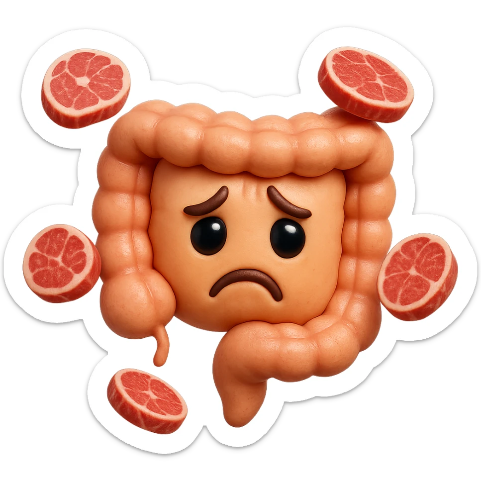 emoji stile iphone in 3d di un intestino triste
 con fette di carne che gli fluttuano intorno, iperrealistico 4k sticker