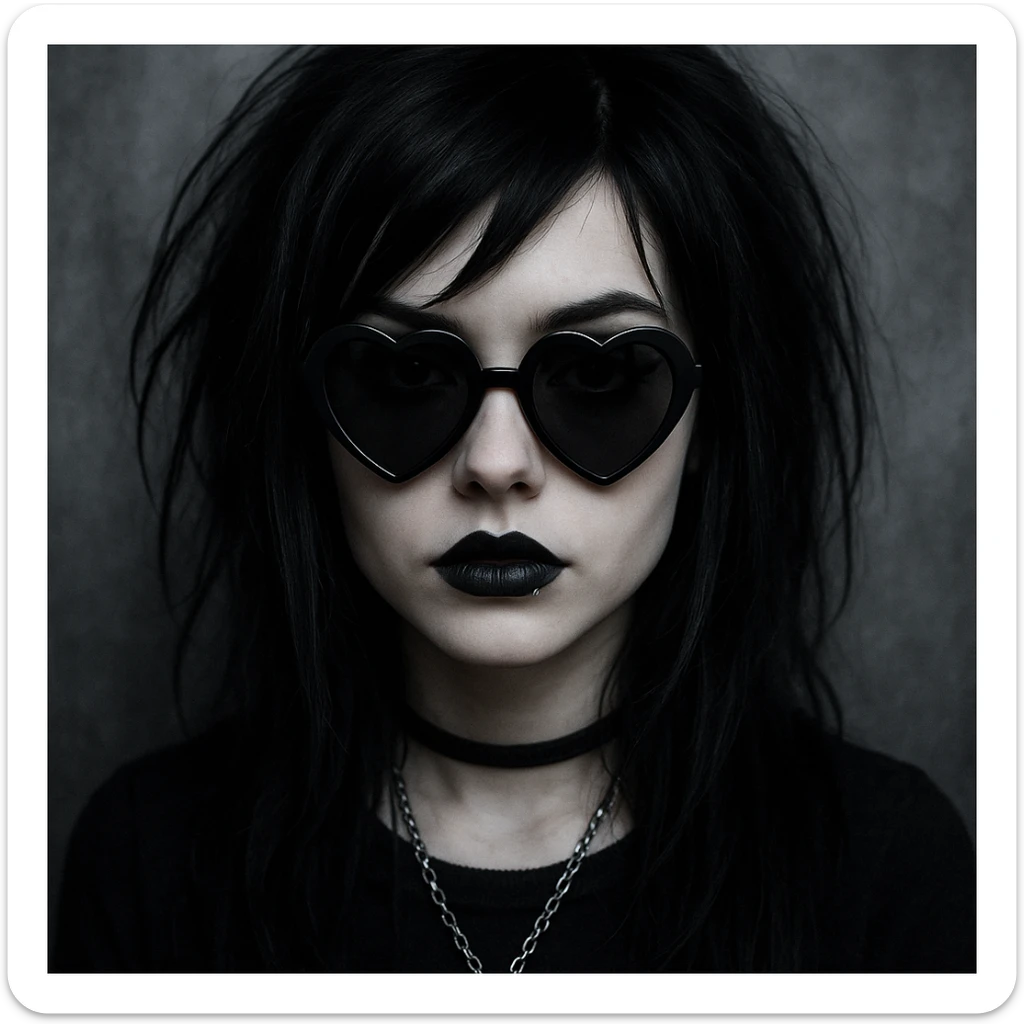 emo girl with heart-shaped sunglasses, dark hair, mysterious vibe sticker