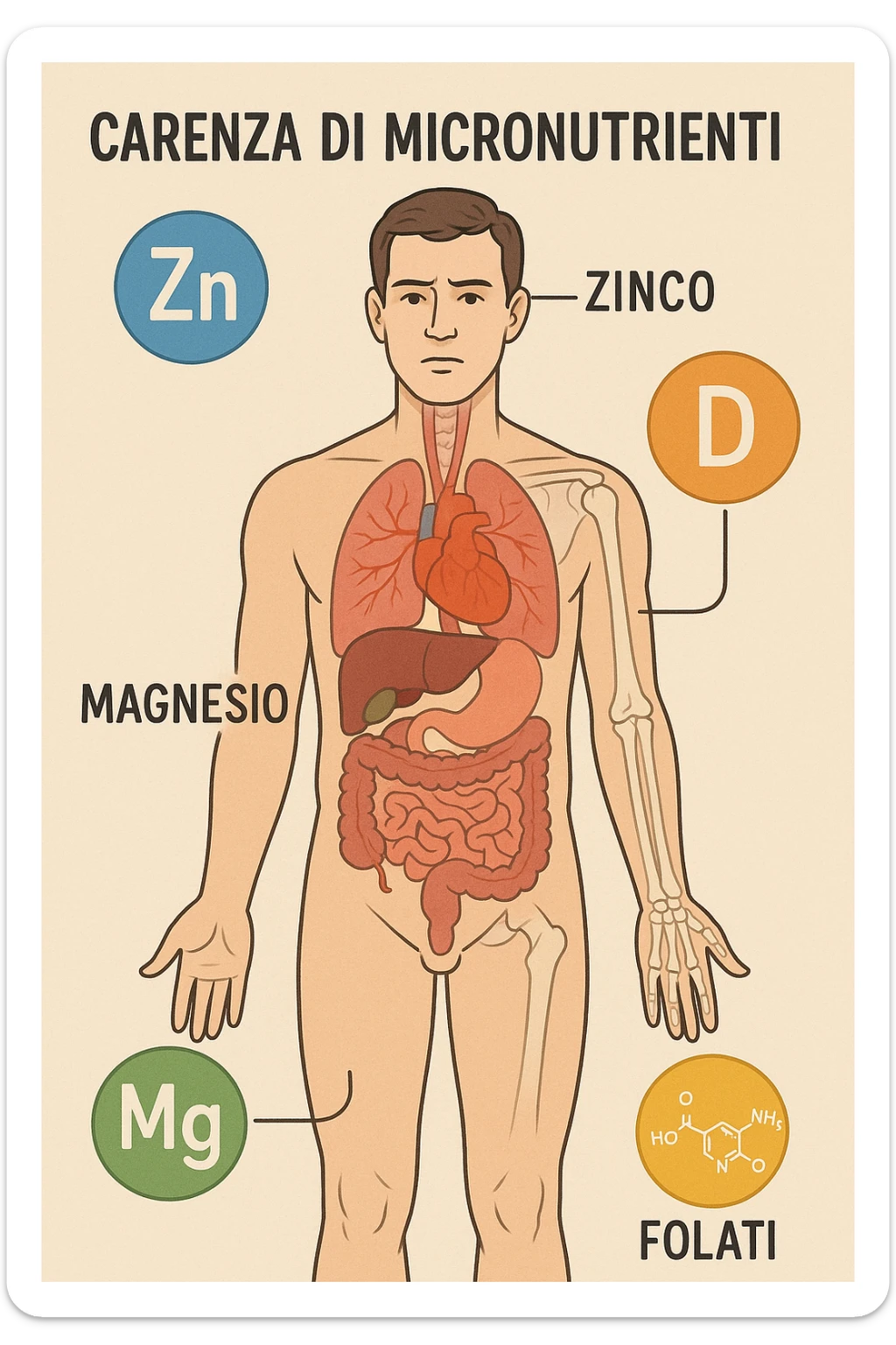 corpo umano in carenza di micronutrienti come zinco, magnesio, vitamina D, folati, in italiano sticker