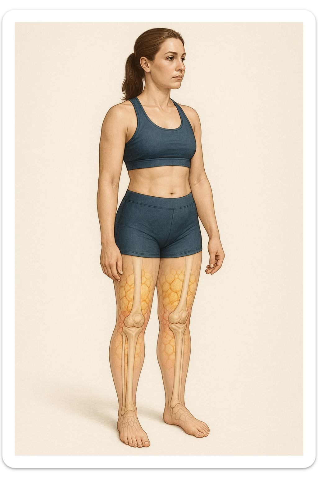 realistic anatomical illustration of a woman in sportswear with transparent section on legs showing fluid accumulation in subcutaneous tissues to highlight water retention, neutral medical style background sticker